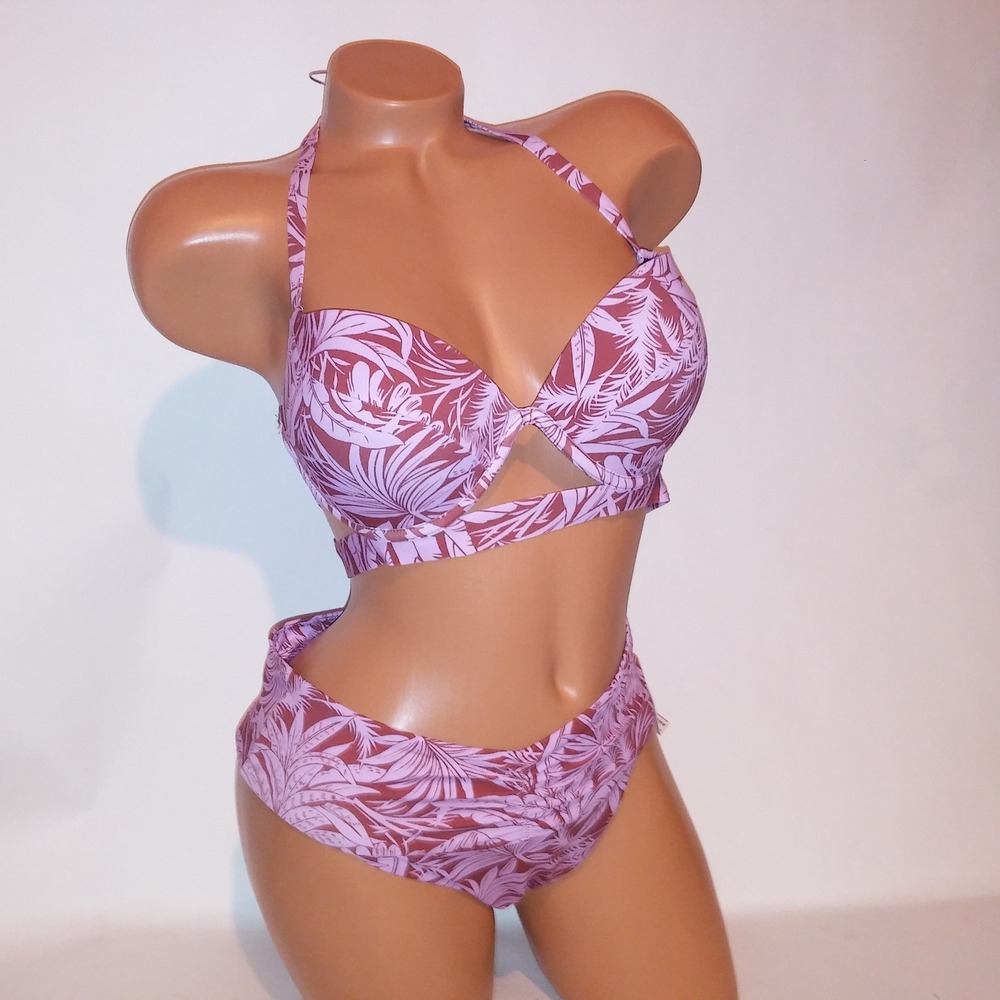 Victoria Secret Swim Bikini 34D Top Medium Bottom Purple Ginger Push Up New